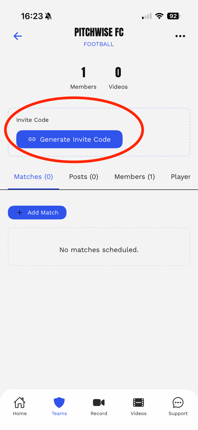 A team page in the Pitchwise app with the Generate Invite Code button highlighted