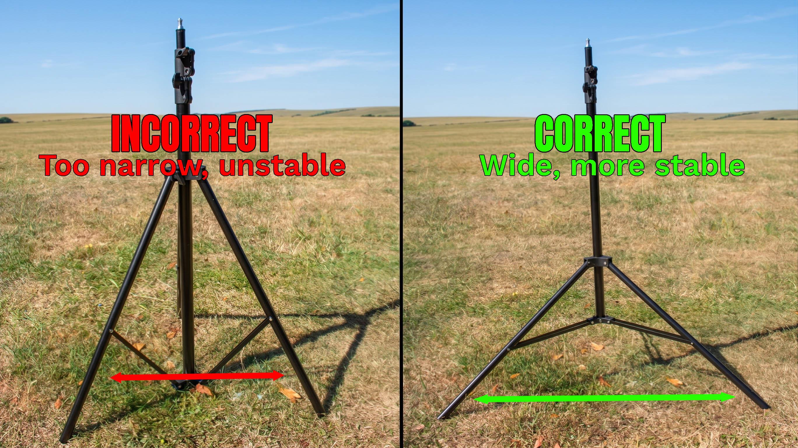 A tripod opened wide on grass for a stable camera setup